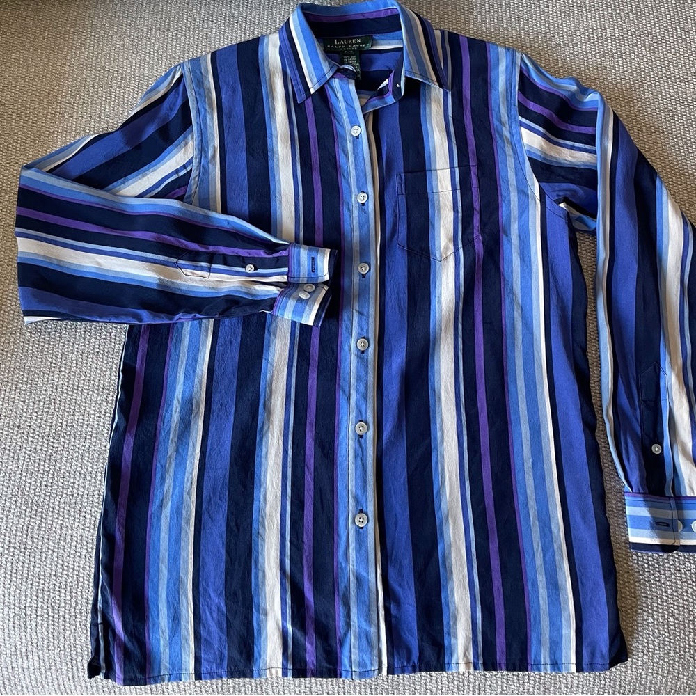 Ralph Lauren purple blue black stripes silk blouse